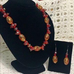 Red Agate and Art Glass Jewelry Set